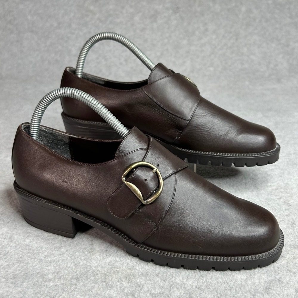 VTG 90s Y2K Brown Leather Womens Loafers 7 Chunky Heel Monkstrap Buckle Academia